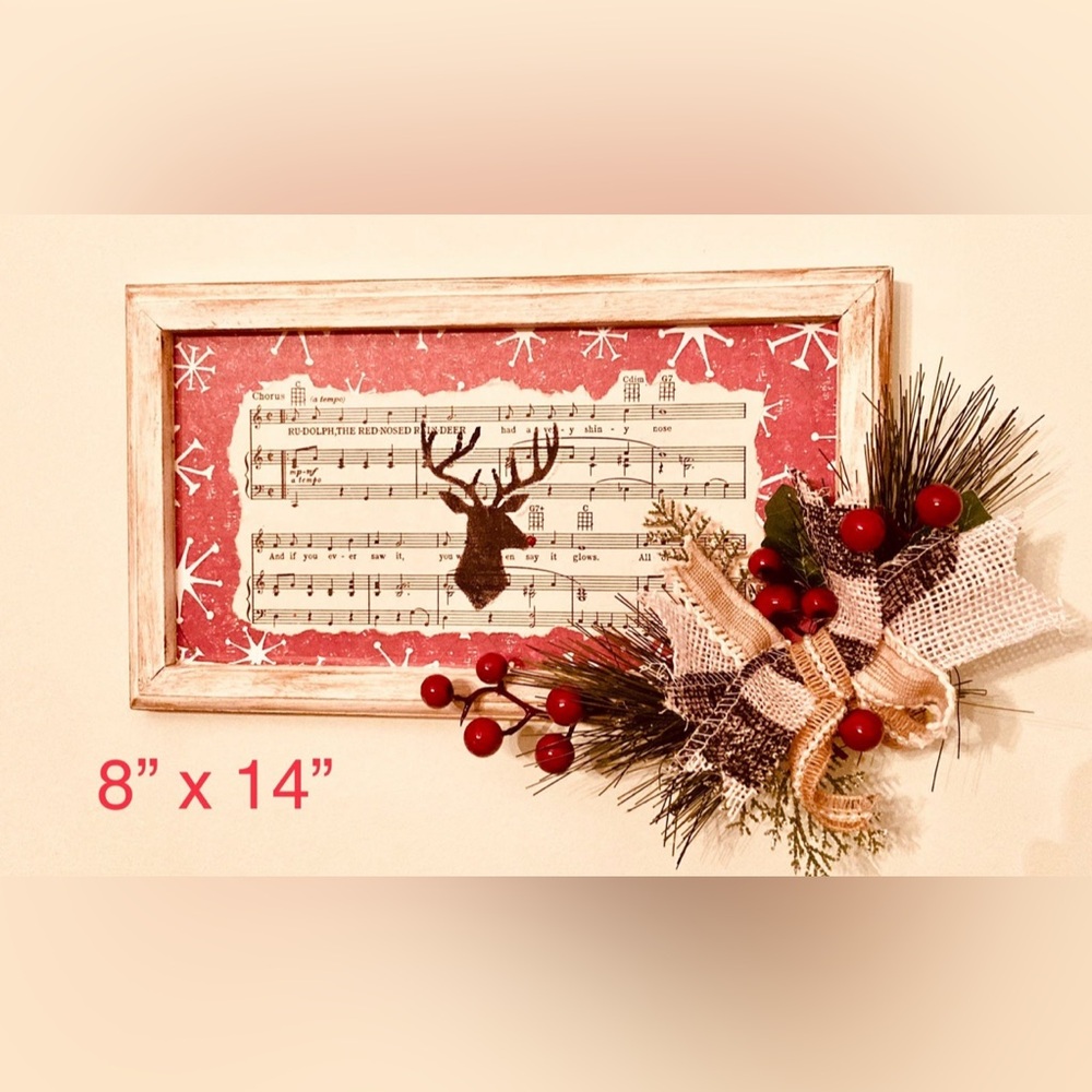 MCM 14” x 8” Artisan Rudolph Christmas framed art vintage music Midcentury gift